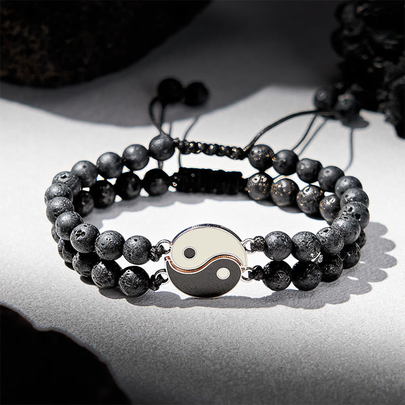 Buddha Stones Pulsera de soporte de piedra de lava esmerilada de hematita Yin Yang - Roca de lava (circunferencia de la muñeca: 17-27 cm) - image 12