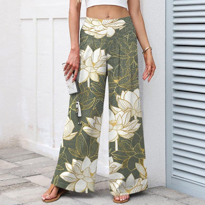Buddha Stones Pantalones de mujer de lino y algodón con estampado de flor de loto, cintura elástica y pernera ancha con bolsillos. - image 1