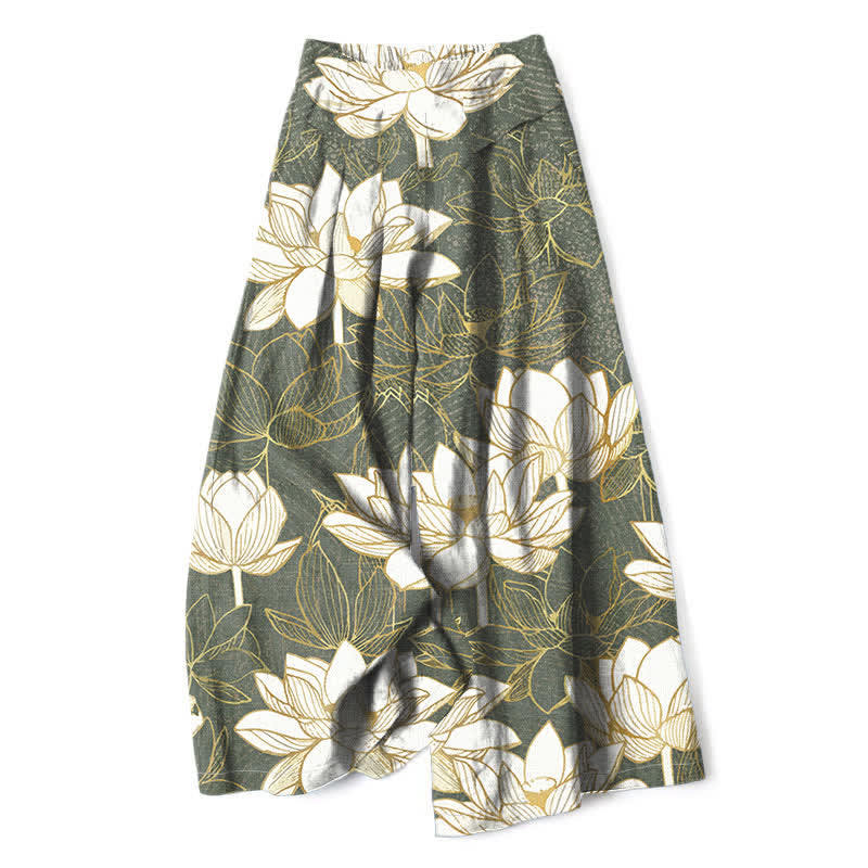 Buddha Stones Pantalones de mujer de lino y algodón con estampado de flor de loto, cintura elástica y pernera ancha con bolsillos. - Verde mar oscuro - US16，UK/AU20，EU48 (3XL) - image 0