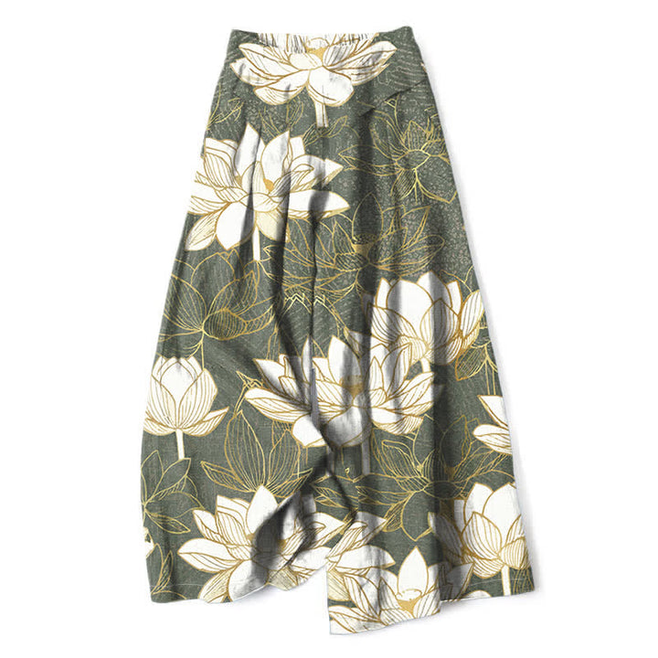 Buddha Stones Pantalones de mujer de lino y algodón con estampado de flor de loto, cintura elástica y pernera ancha con bolsillos. - Verde mar oscuro - US16，UK/AU20，EU48 (3XL) - image 0
