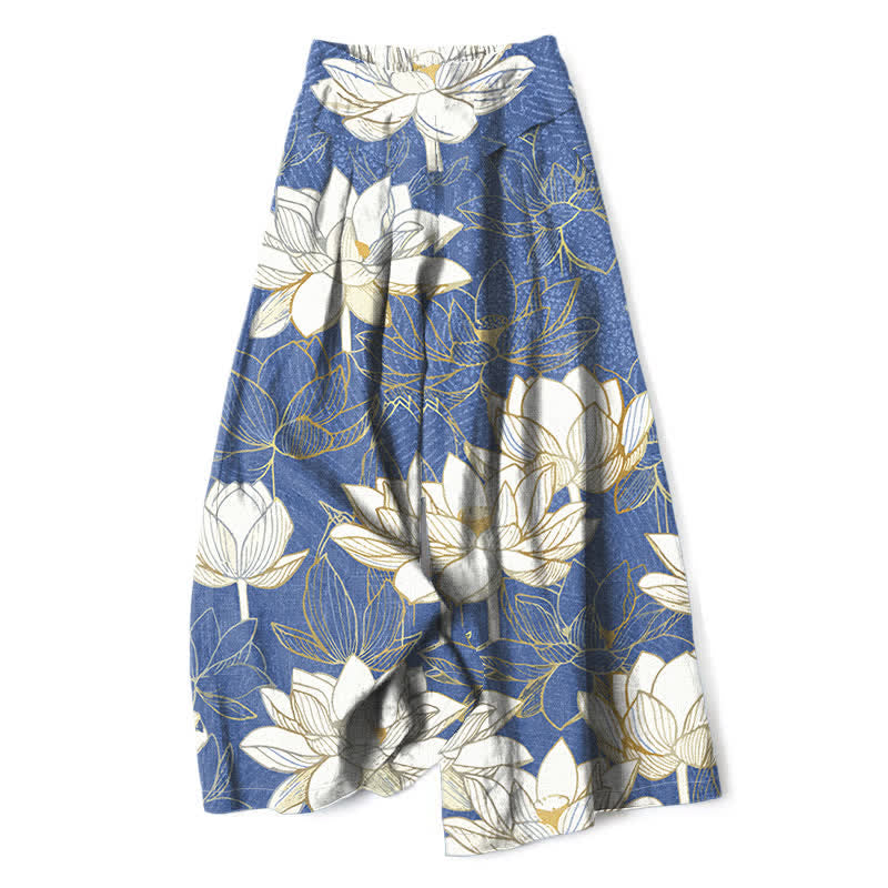 Buddha Stones Pantalones de mujer de lino y algodón con estampado de flor de loto, cintura elástica y pernera ancha con bolsillos. - Azul aciano - US16，UK/AU20，EU48 (3XL) - image 4