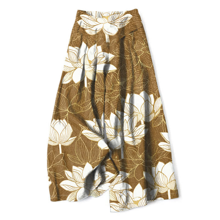 Buddha Stones Pantalones de mujer de lino y algodón con estampado de flor de loto, cintura elástica y pernera ancha con bolsillos. - Perú - US16，UK/AU20，EU48 (3XL) - image 8