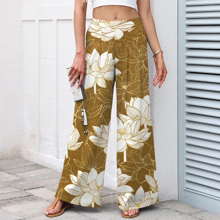 Buddha Stones Pantalones de mujer de lino y algodón con estampado de flor de loto, cintura elástica y pernera ancha con bolsillos. - image 9