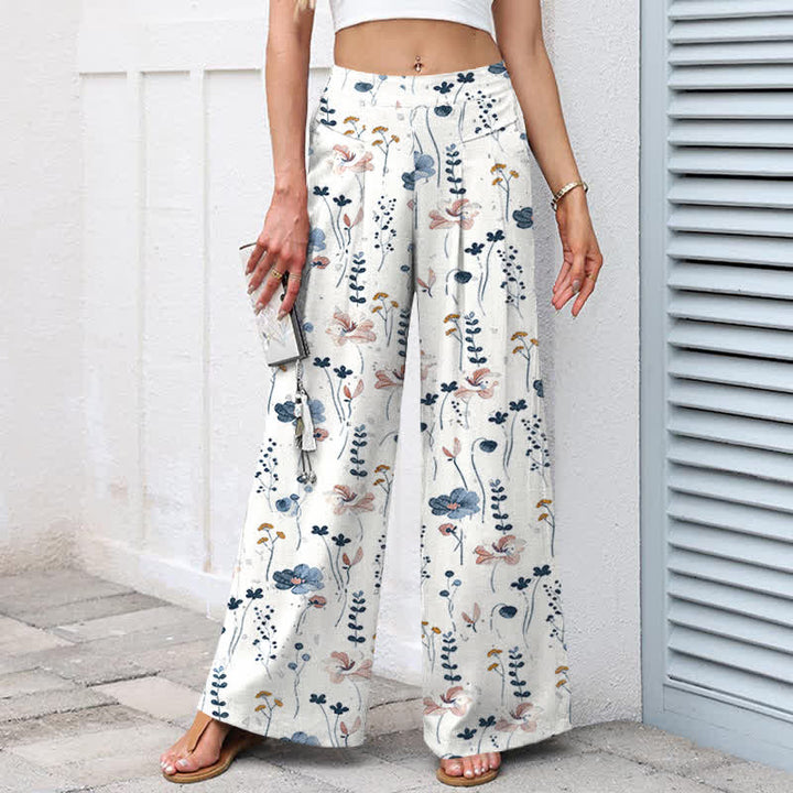 Buddha Stones Pantalones de mujer de algodón y lino con estampado floral, cintura elástica y pernera ancha con bolsillos. - image 2