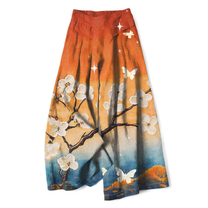 Buddha Stones Pantalones de mujer de algodón y lino con estampado floral degradado, cintura elástica y pernera ancha con bolsillos. - Naranja - US16，UK/AU20，EU48 (3XL) - image 0