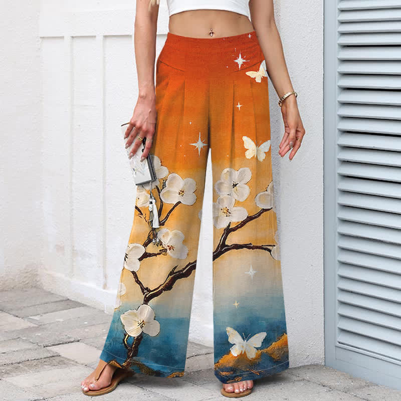 Buddha Stones Pantalones de mujer de algodón y lino con estampado floral degradado, cintura elástica y pernera ancha con bolsillos. - image 1