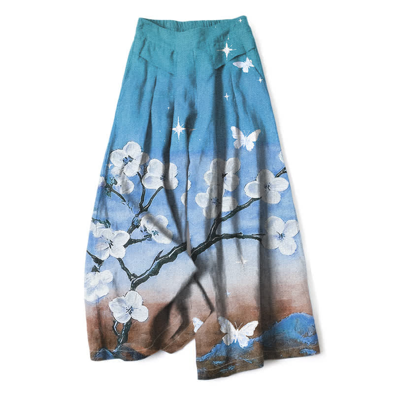 Buddha Stones Pantalones de mujer de algodón y lino con estampado floral degradado, cintura elástica y pernera ancha con bolsillos. - Turquesa - US16，UK/AU20，EU48 (3XL) - image 4