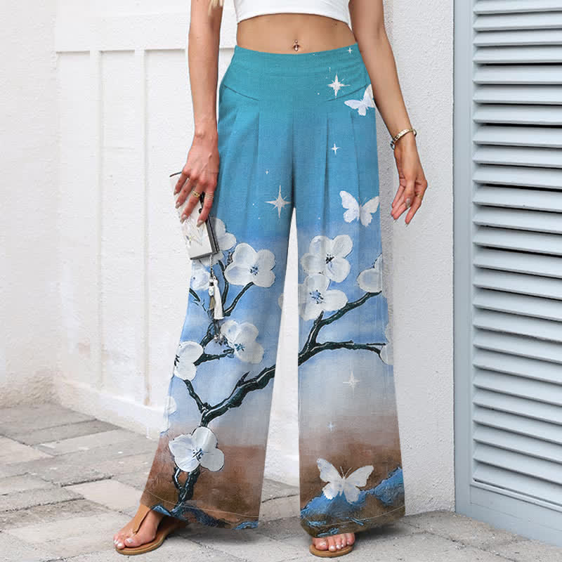 Buddha Stones Pantalones de mujer de algodón y lino con estampado floral degradado, cintura elástica y pernera ancha con bolsillos. - image 5