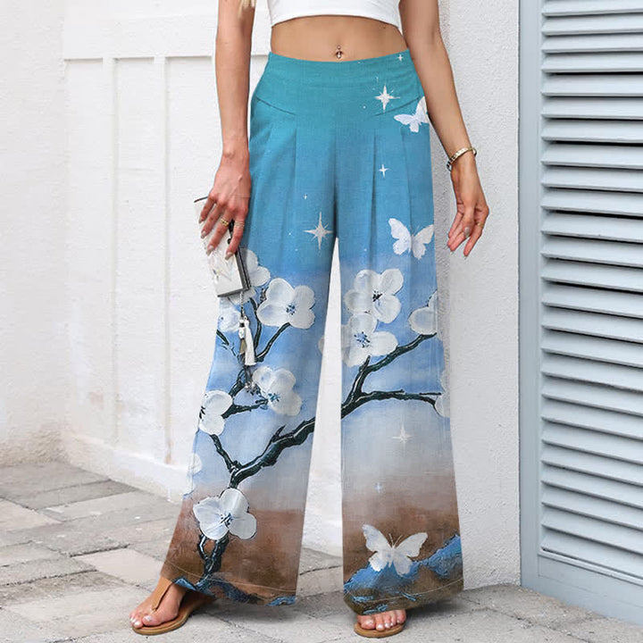 Buddha Stones Pantalones de mujer de algodón y lino con estampado floral degradado, cintura elástica y pernera ancha con bolsillos. - image 5