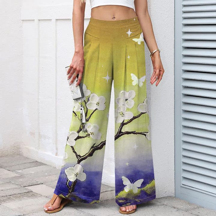 Buddha Stones Pantalones de mujer de algodón y lino con estampado floral degradado, cintura elástica y pernera ancha con bolsillos. - image 9