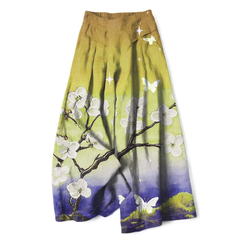 Buddha Stones Pantalones de mujer de algodón y lino con estampado floral degradado, cintura elástica y pernera ancha con bolsillos. - Verde amarillento - US16，UK/AU20，EU48 (3XL) - image 8