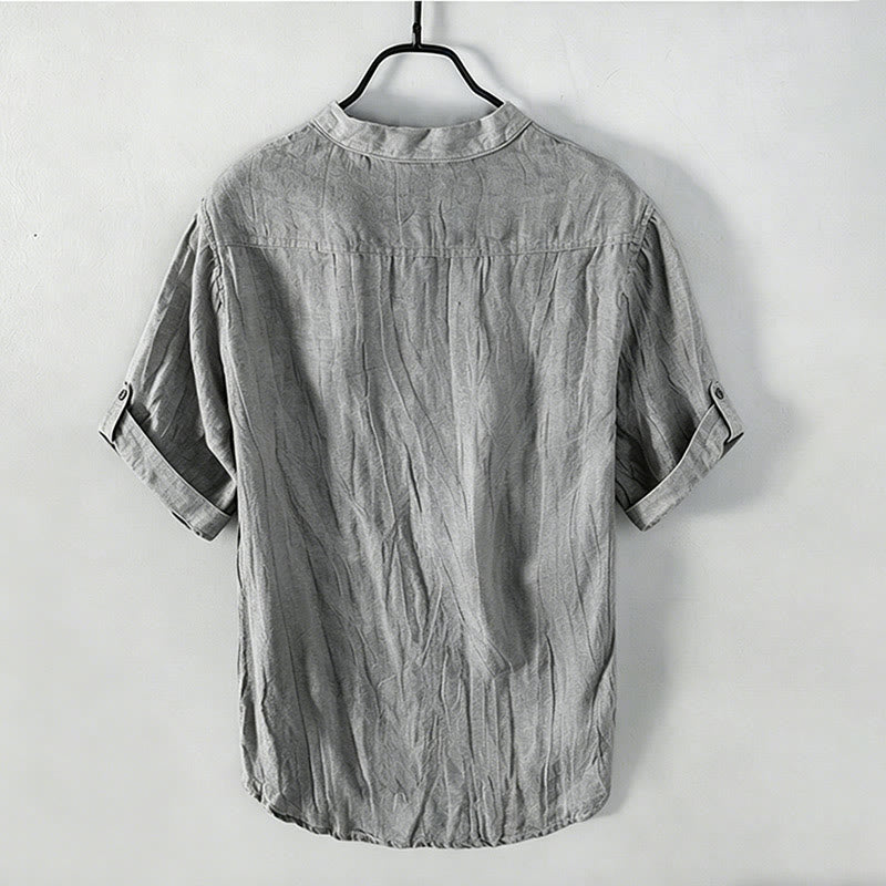 Buddha Stones Color sólido manga corta medio botón camisa lino y algodón hombres ropa - image 32