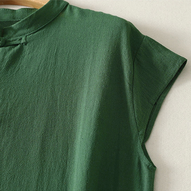 Buddha Stones Vestido de verano sin mangas para mujer, color verde liso, cuello mandarín y abertura lateral. - image 3
