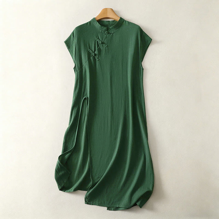 Buddha Stones Vestido de verano sin mangas para mujer, color verde liso, cuello mandarín y abertura lateral. - Verdemar - US12, UK/AU16, EU44 (2XL) - image 0
