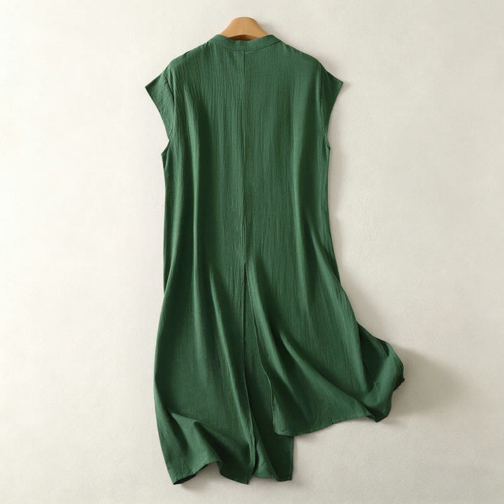 Buddha Stones Vestido de verano sin mangas para mujer, color verde liso, cuello mandarín y abertura lateral. - image 1