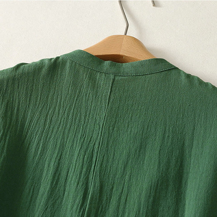 Buddha Stones Vestido de verano sin mangas para mujer, color verde liso, cuello mandarín y abertura lateral. - image 4