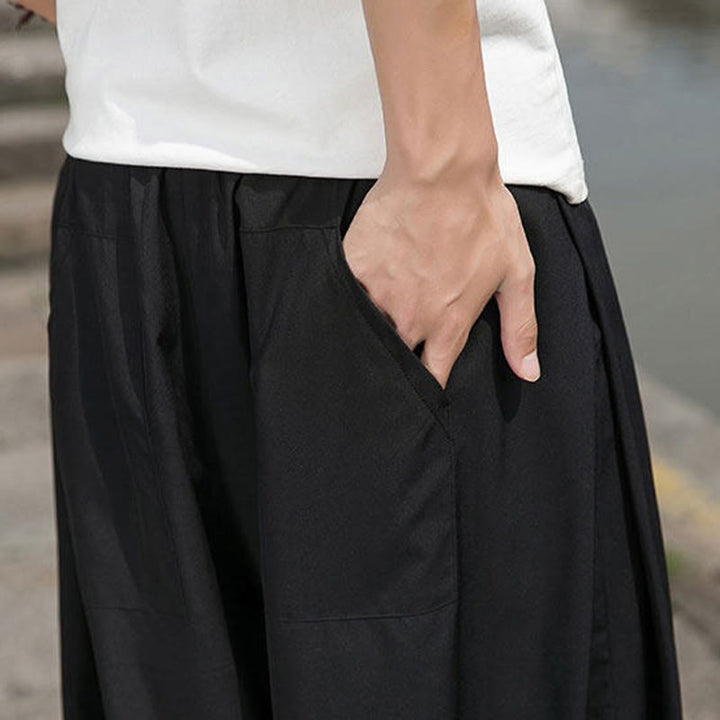 Buddha Stones Pantalones tobilleros informales de verano con cordón ajustable y bordado de caracteres chinos, estilo harem para hombre con bolsillos. - image 11