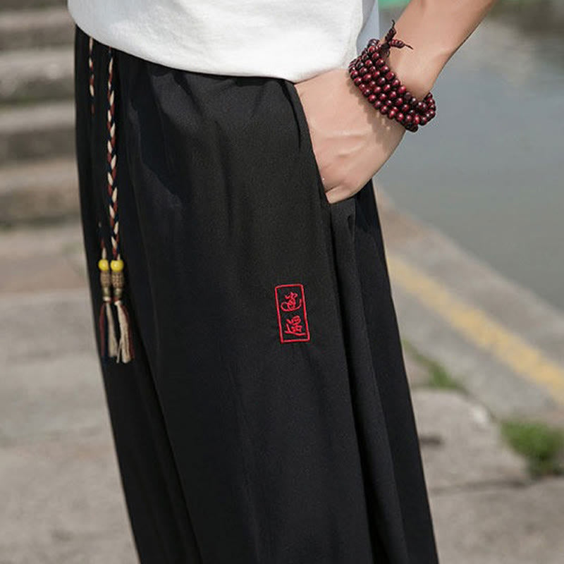 Buddha Stones Pantalones tobilleros informales de verano con cordón ajustable y bordado de caracteres chinos, estilo harem para hombre con bolsillos. - image 10