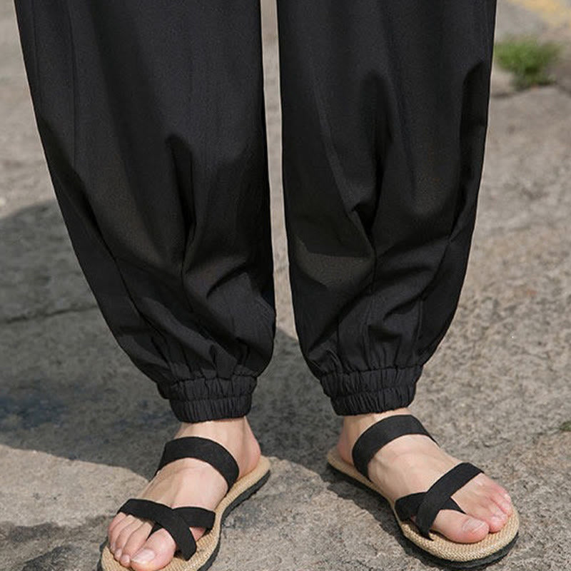 Buddha Stones Pantalones tobilleros informales de verano con cordón ajustable y bordado de caracteres chinos, estilo harem para hombre con bolsillos. - image 12