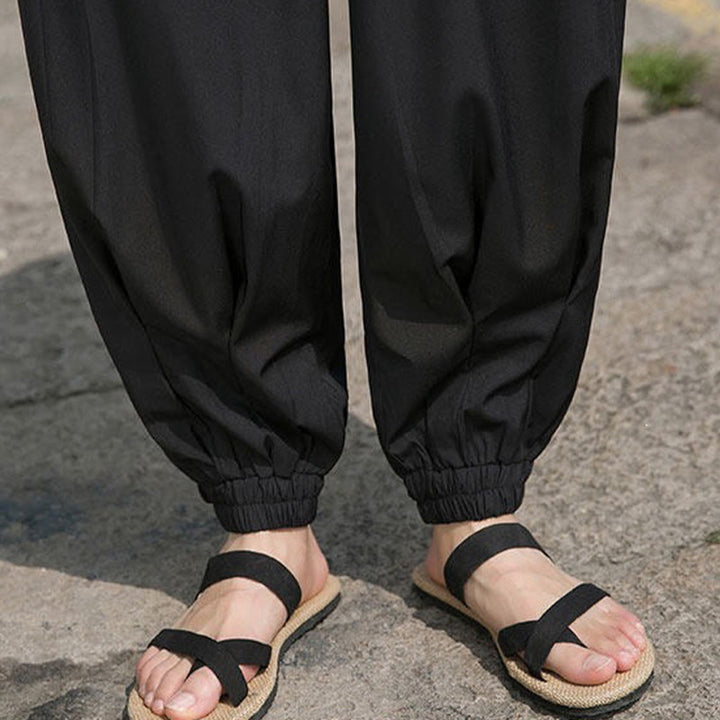 Buddha Stones Pantalones tobilleros informales de verano con cordón ajustable y bordado de caracteres chinos, estilo harem para hombre con bolsillos. - image 12