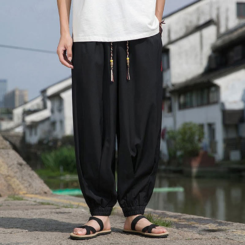 Buddha Stones Pantalones tobilleros informales de verano con cordón ajustable y bordado de caracteres chinos, estilo harem para hombre con bolsillos. - image 3