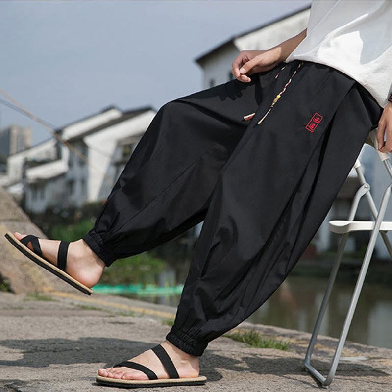 Buddha Stones Pantalones tobilleros informales de verano con cordón ajustable y bordado de caracteres chinos, estilo harem para hombre con bolsillos. - image 8