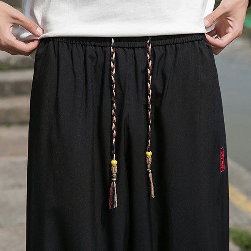 Buddha Stones Pantalones tobilleros informales de verano con cordón ajustable y bordado de caracteres chinos, estilo harem para hombre con bolsillos. - image 9