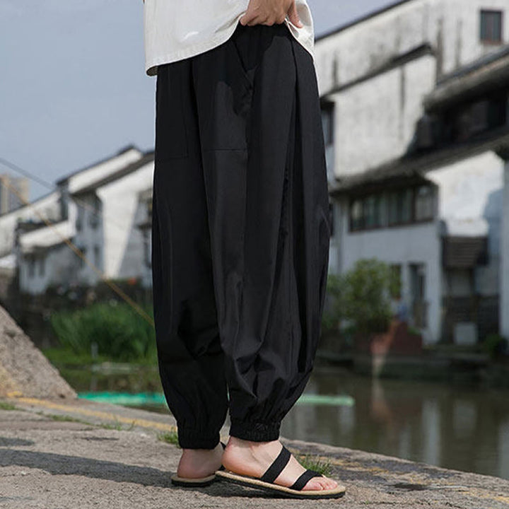 Buddha Stones Pantalones tobilleros informales de verano con cordón ajustable y bordado de caracteres chinos, estilo harem para hombre con bolsillos. - image 5