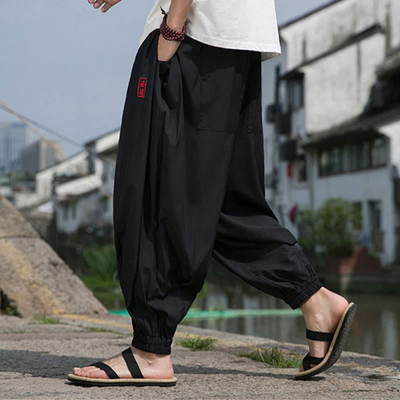 Buddha Stones Pantalones tobilleros informales de verano con cordón ajustable y bordado de caracteres chinos, estilo harem para hombre con bolsillos. - image 7