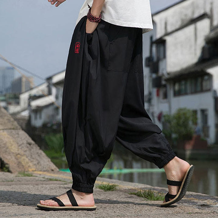 Buddha Stones Pantalones tobilleros informales de verano con cordón ajustable y bordado de caracteres chinos, estilo harem para hombre con bolsillos. - image 7
