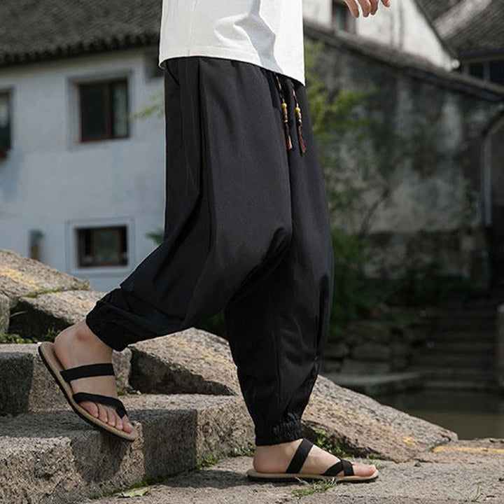 Buddha Stones Pantalones tobilleros informales de verano con cordón ajustable y bordado de caracteres chinos, estilo harem para hombre con bolsillos. - image 6