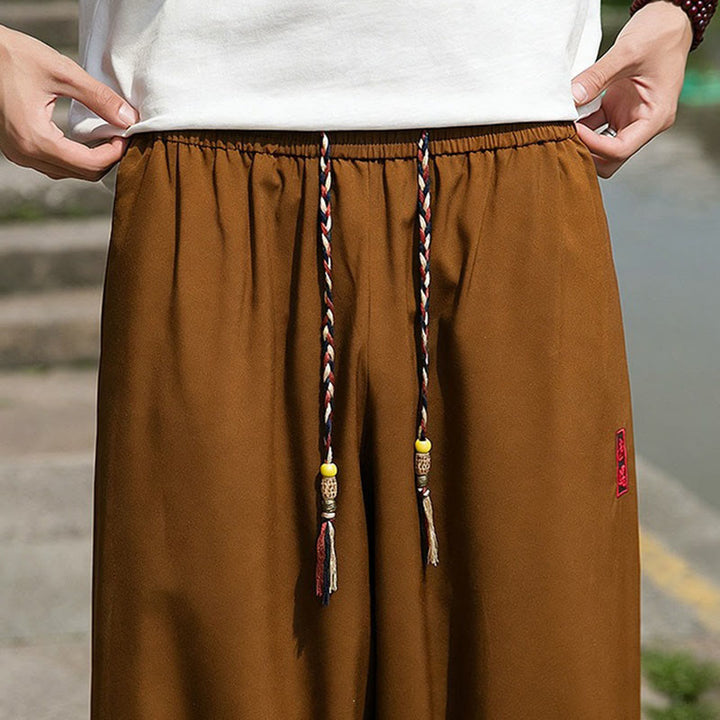 Buddha Stones Pantalones tobilleros informales de verano con cordón ajustable y bordado de caracteres chinos, estilo harem para hombre con bolsillos. - image 15