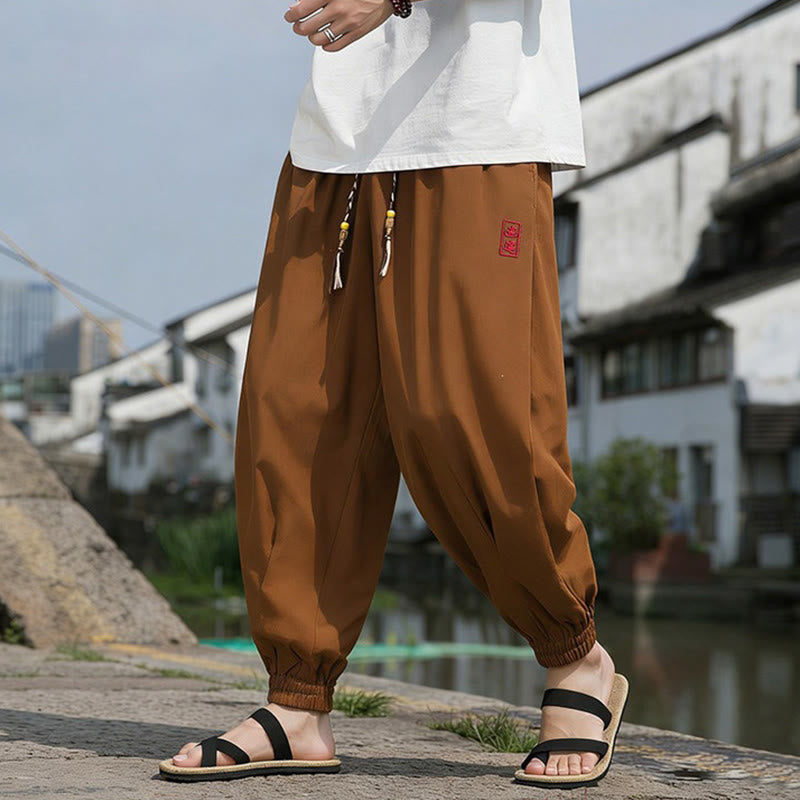 Buddha Stones Pantalones tobilleros informales de verano con cordón ajustable y bordado de caracteres chinos, estilo harem para hombre con bolsillos. - image 14