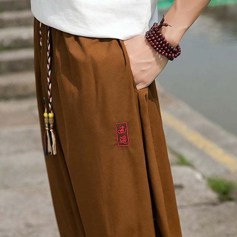 Buddha Stones Pantalones tobilleros informales de verano con cordón ajustable y bordado de caracteres chinos, estilo harem para hombre con bolsillos. - image 16