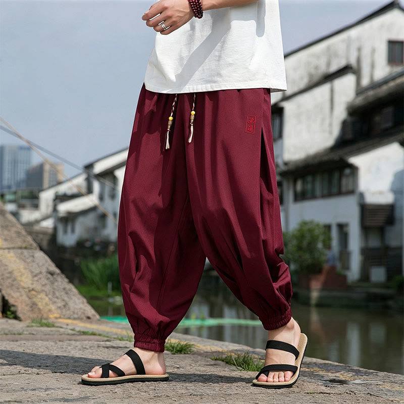 Buddha Stones Pantalones tobilleros informales de verano con cordón ajustable y bordado de caracteres chinos, estilo harem para hombre con bolsillos. - image 20