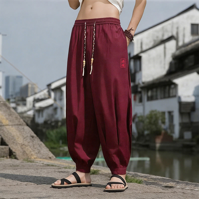 Buddha Stones Pantalones tobilleros informales de verano con cordón ajustable y bordado de caracteres chinos, estilo harem para hombre con bolsillos. - Granate - US/UK/AU46, EU56 (5XL) - image 19