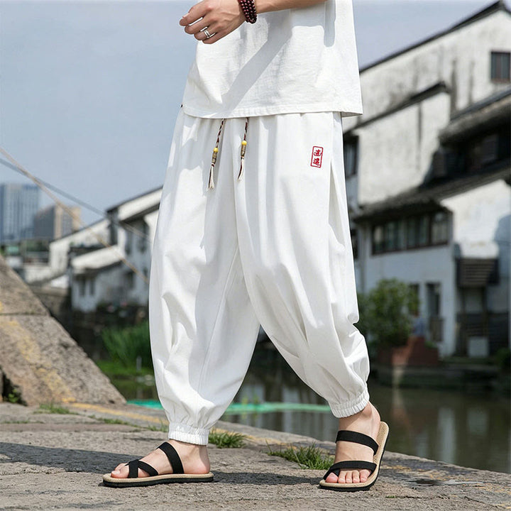 Buddha Stones Pantalones tobilleros informales de verano con cordón ajustable y bordado de caracteres chinos, estilo harem para hombre con bolsillos. - image 22