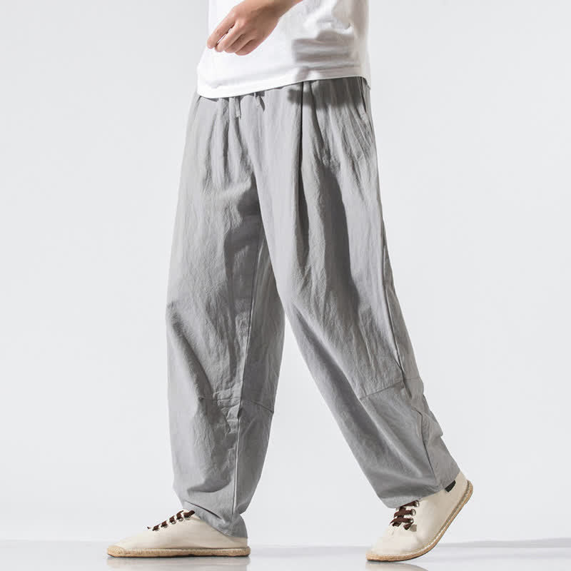 Buddha Stones Pantalones largos de verano informales minimalistas con cordón ajustable y cintura elástica, color liso, estilo harem para hombre con bolsillos. - Gris claro - US/UK/AU46, EU56 (5XL) - image 0