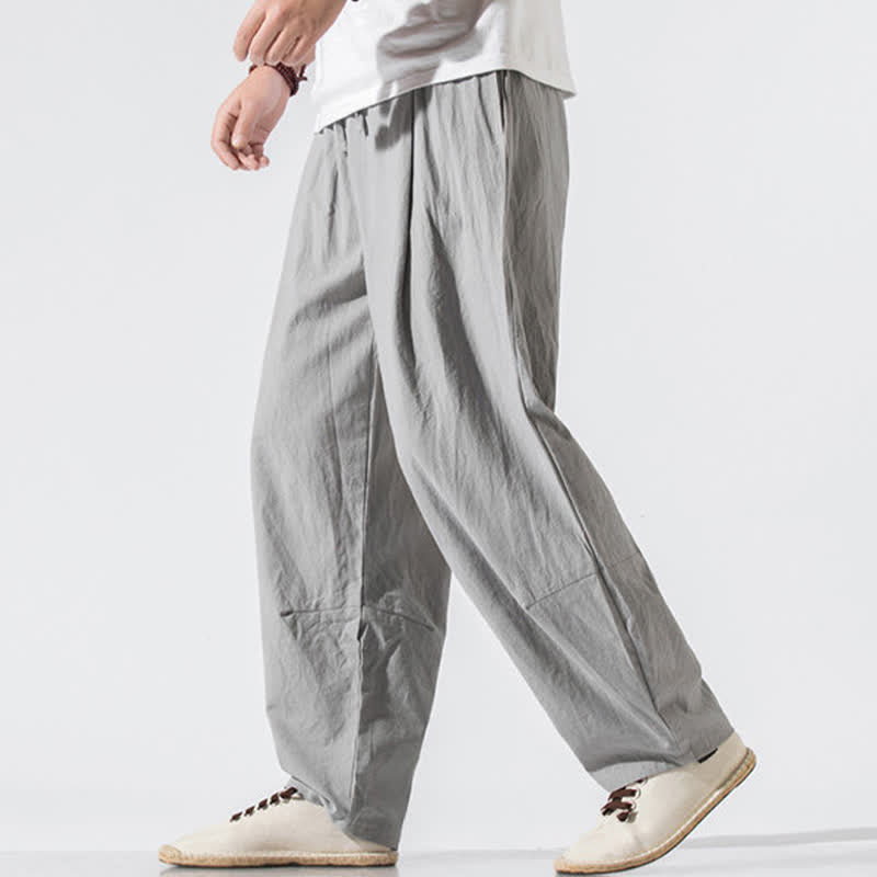 Buddha Stones Pantalones largos de verano informales minimalistas con cordón ajustable y cintura elástica, color liso, estilo harem para hombre con bolsillos. - image 1