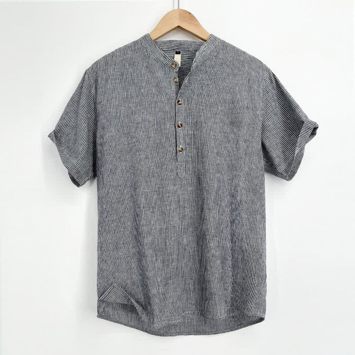 Buddha Stones Camisas de manga corta para hombre con medio botón y finas rayas, ideales para el verano. - Azul acero claro - US/UK/AU44, EU54 (4XL) - image 11