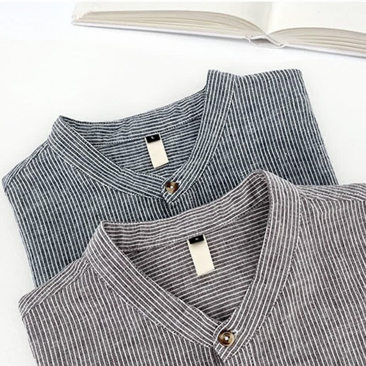 Buddha Stones Camisas de manga corta para hombre con medio botón y finas rayas, ideales para el verano. - image 12
