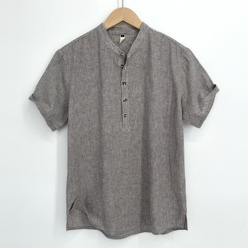 Buddha Stones Camisas de manga corta para hombre con medio botón y finas rayas, ideales para el verano. - Broncearse - US/UK/AU44, EU54 (4XL) - image 0