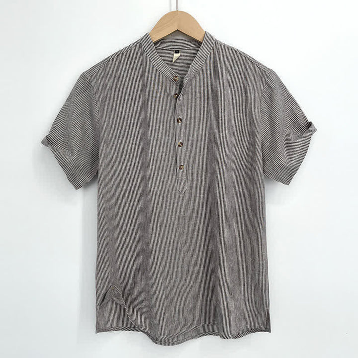 Buddha Stones Camisas de manga corta para hombre con medio botón y finas rayas, ideales para el verano. - Broncearse - US/UK/AU44, EU54 (4XL) - image 0