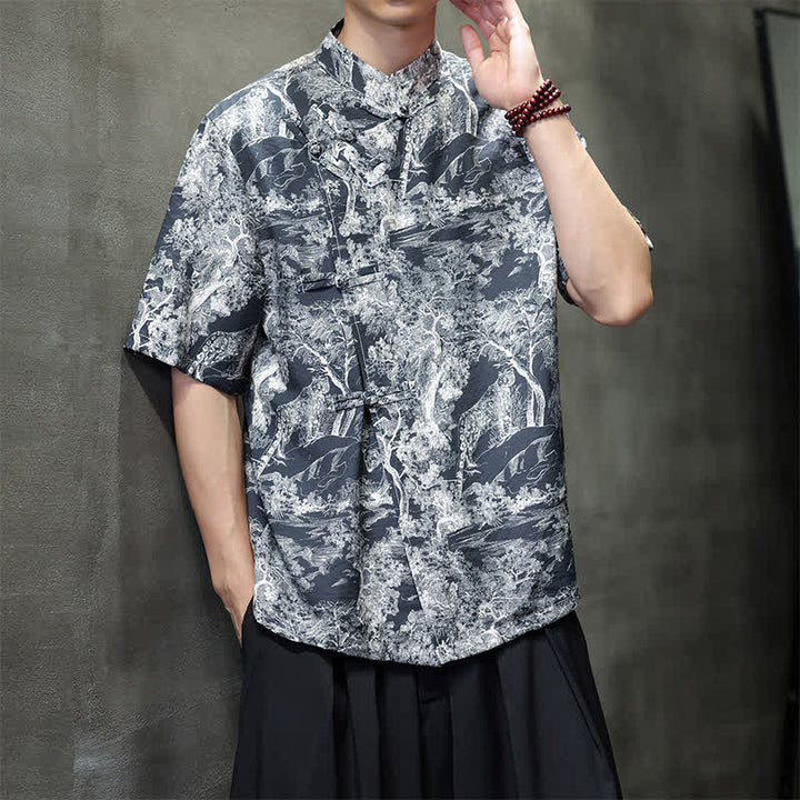 Buddha Stones Camisas de manga corta para hombre con estampado abstracto de árboles y botones de rana estilo verano Tang - image 1