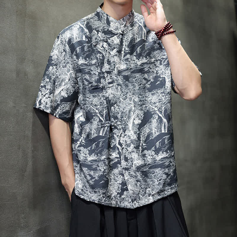 Buddha Stones Camisas de manga corta para hombre con estampado abstracto de árboles y botones de rana estilo verano Tang - image 3