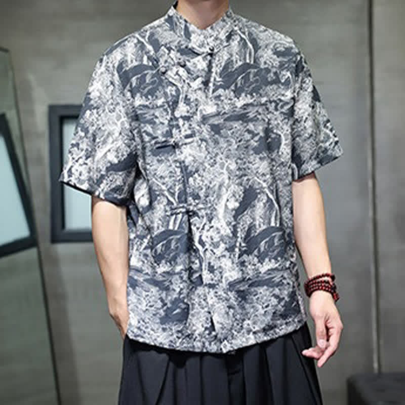 Buddha Stones Camisas de manga corta para hombre con estampado abstracto de árboles y botones de rana estilo verano Tang - image 7