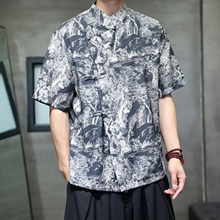 Buddha Stones Camisas de manga corta para hombre con estampado abstracto de árboles y botones de rana estilo verano Tang - image 7