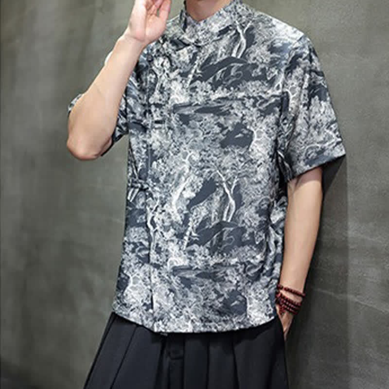 Buddha Stones Camisas de manga corta para hombre con estampado abstracto de árboles y botones de rana estilo verano Tang - image 6