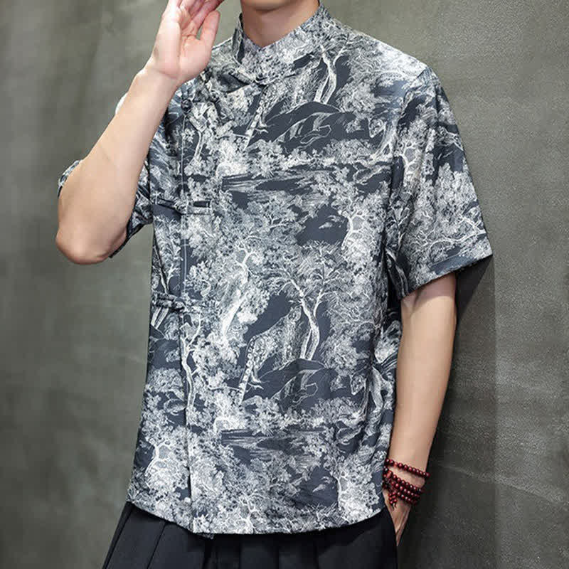 Buddha Stones Camisas de manga corta para hombre con estampado abstracto de árboles y botones de rana estilo verano Tang - image 2