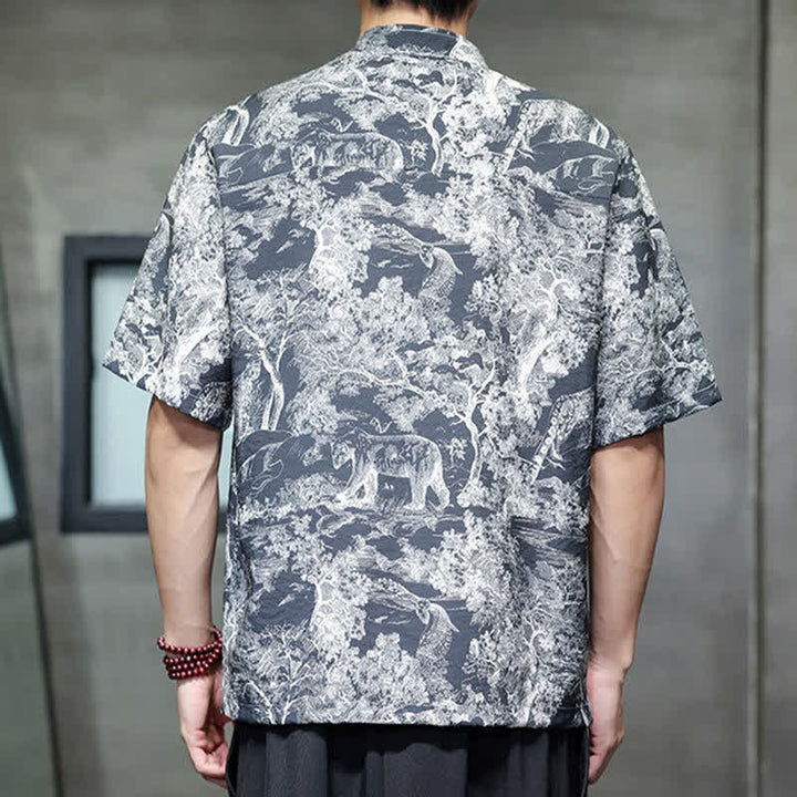 Buddha Stones Camisas de manga corta para hombre con estampado abstracto de árboles y botones de rana estilo verano Tang - image 4